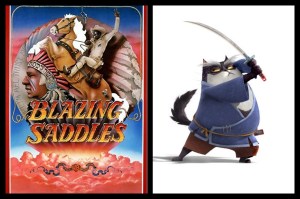 Blazing Saddles re-imaginada como Blazing Samurai. Imagen comparativa del poster original vs la animacion de prueba